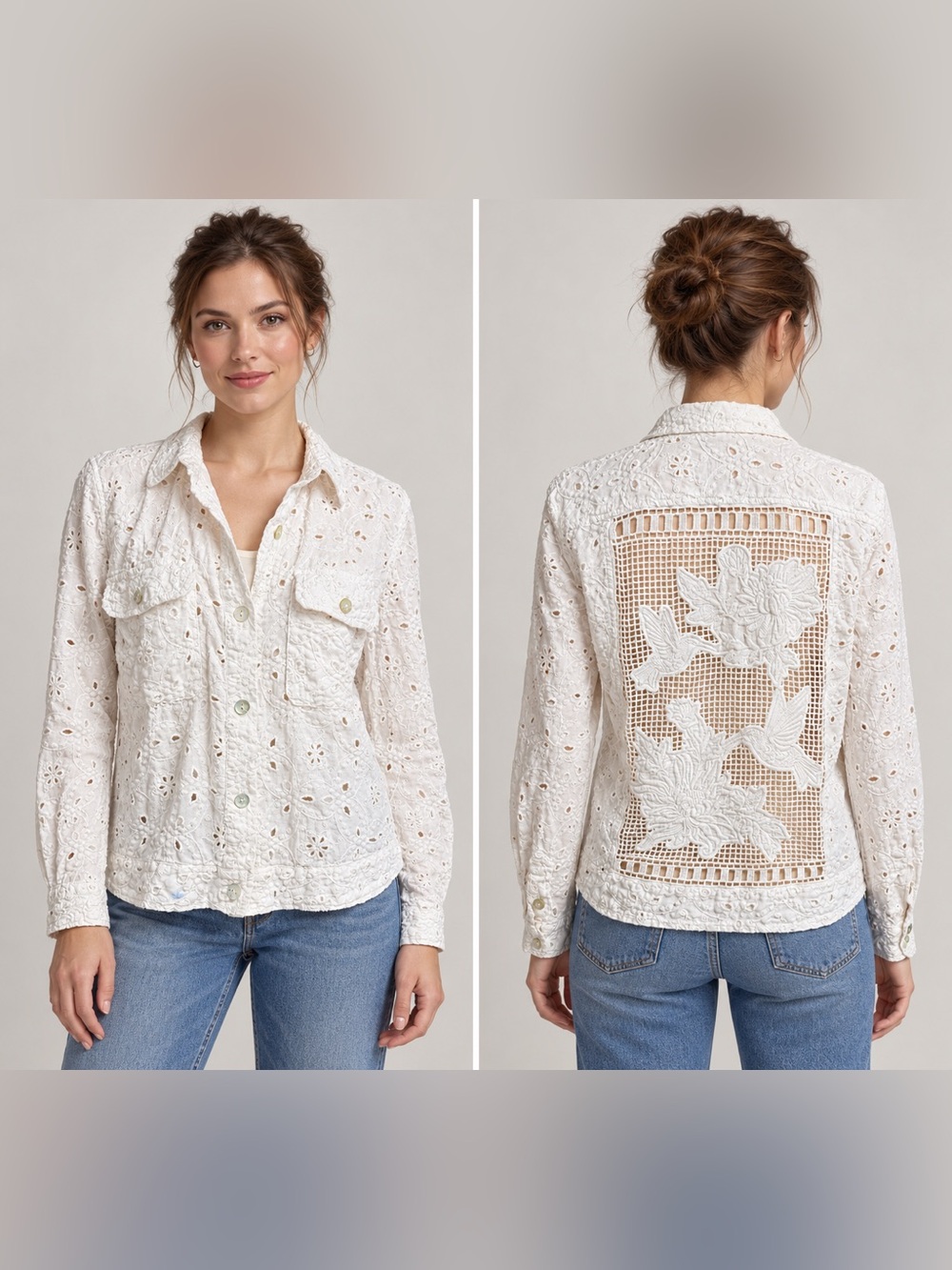 Johnny Was Alanah White Linen Eyelet Hummingbird Embroidered Jacket Size S